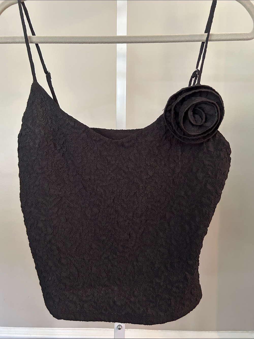Astr Black Textured Camisole with Delicate Rosette Accent